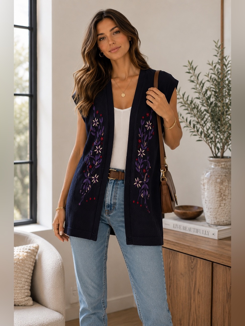 Sz OS Elvi Vintage Black Purple Floral Embroidered Sweater Vest
